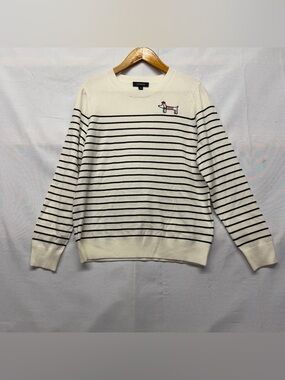 Striped Crewneck Sweater in Cream and Black with Embroidered Dog